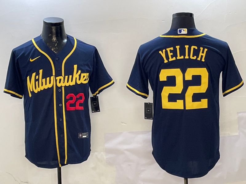 Men Milwaukee Brewers #22 Yelich Drak Blue Game 2025 Nike MLB Jersey style 3->milwaukee brewers->MLB Jersey